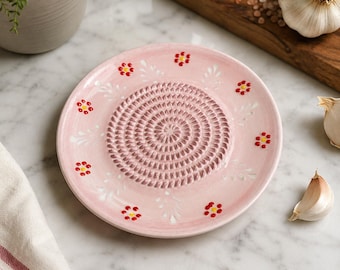 Hand Painted Ceramic Garlic Grater Plate – Pink Cherry Blossom Turkish Pottery Tool
