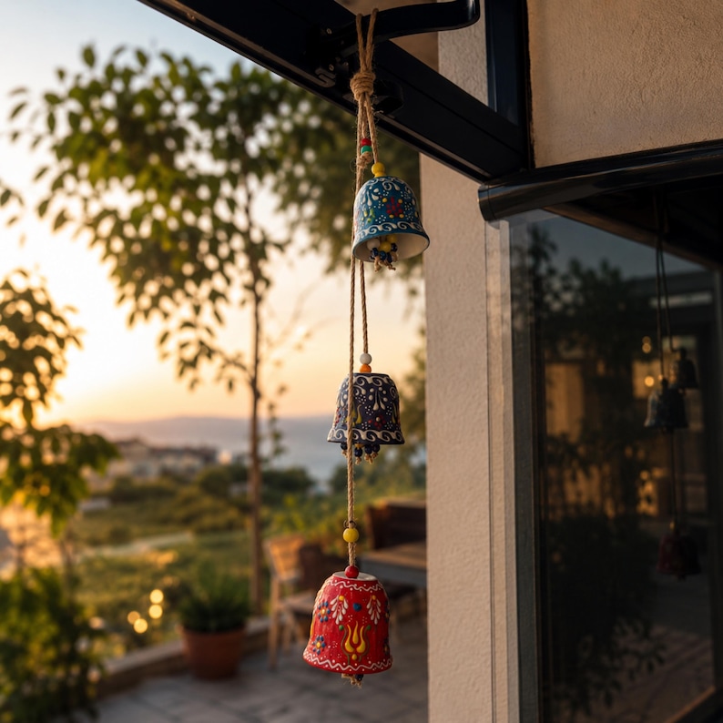 May include: A hanging decorative ornament featuring three ceramic bells suspended on a jute rope. The top bell is blue, the middle bell is dark blue, and the bottom bell is red. Each bell is hand-painted with intricate floral patterns and colorful beads.