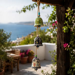 May include: A hanging wind chime featuring three ceramic bells suspended on a thick jute rope. The top bell is green with white floral patterns, the middle is black with white and yellow floral motifs, and the bottom is white with colorful floral designs.