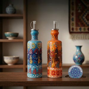 Puede incluir: Dos botellas decorativas de cerámica con boquillas de acero inoxidable. Una es azul, la otra naranja, ambas adornadas con coloridos diseños florales. También se ve un posavasos a juego con el texto "PHRYGIA HANDMADE".