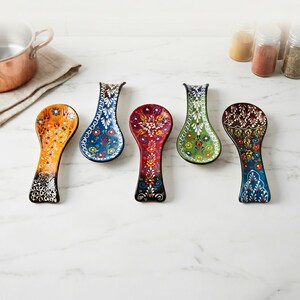 Hand-Painted Turkish Ceramic Spoon Rest – Artisan Floral Pottery Kitchen Holder