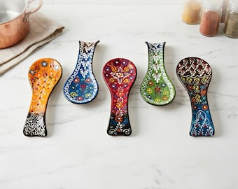 Hand-Painted Turkish Ceramic Spoon Rest – Artisan Floral Pottery Kitchen Holder