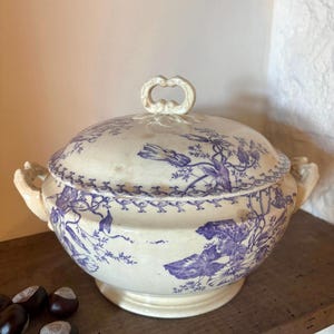 Könnte beinhalten: Eine cremefarbene Keramik-Terrine mit passendem Deckel, verziert mit einem blauen Blumenmuster im Transferdruck. Die Terrine hat zwei seitliche Griffe und einen dekorativen Schlaufengriff auf dem Deckel, mit sichtbaren braunen Altersflecken.