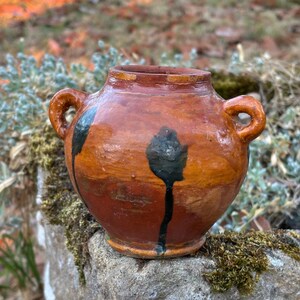 French Rustic Terracotta Pot with Handles - Small Primitive Glazed Crock
