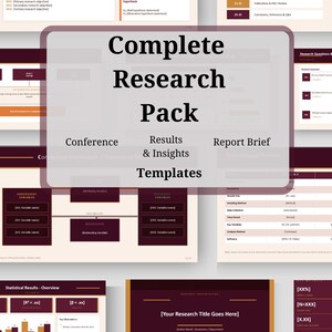 Puede incluir: Una plantilla completa de paquete de investigación con una combinación de colores burdeos y dorado. El paquete incluye plantillas para presentaciones de conferencias, resultados, información y informes. El texto incluye "Research Background & Objectives".