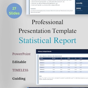 Op de afbeelding: Een professionele presentatiesjabloon voor een statistisch rapport in PowerPoint-formaat. Het document bevat 27 dia's met secties voor een samenvatting, kerncijfers, primaire analyseresultaten en tabellen met regressiecoëfficiënten.