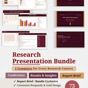 Puede incluir: Un paquete de presentación de investigación con 3 plantillas para varios contextos de investigación. El diseño presenta una combinación de colores burdeos y dorado. El paquete incluye 73 diapositivas y es editable en PowerPoint. El texto incluye "Conferencia", "Resultados e información" y "Informe breve".