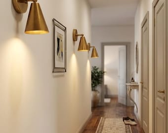 Modern Brushed Brass Wall Sconce – Cone Wall Light – Mid Century Wall Lamp – Adjustable Brass Sconce – Bathroom Vanity or Bedroom Lighting