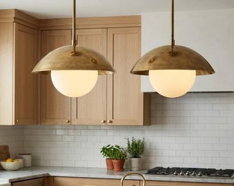 Modern Brass Dome Pendant Light – Mid Century Ceiling Light with Frosted Globe, Minimalist Hanging Lamp, Kitchen Island Lighting