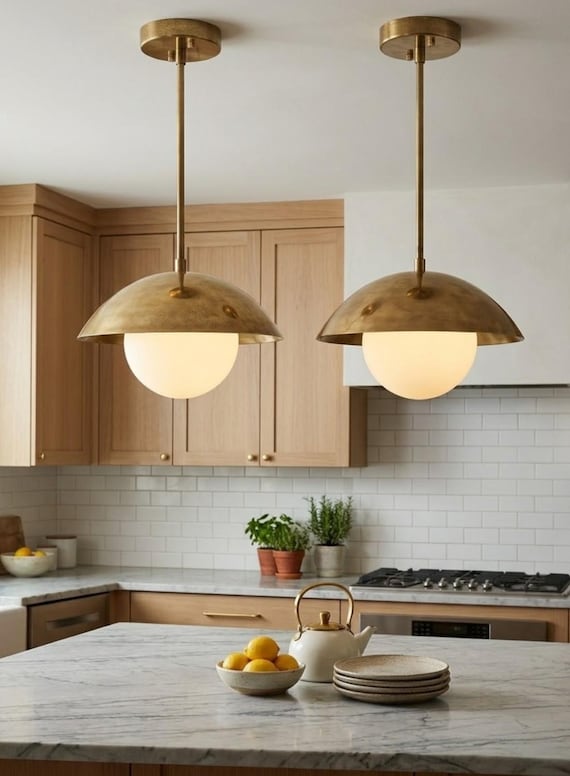 Modern Brass Dome Pendant Light – Mid Century Ceiling Light with Frosted Globe, Minimalist Hanging Lamp, Kitchen Island Lighting