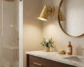 Mid Century Modern Brass Wall Sconce – Perforated Cone Shade Light – Vintage Style Gold Wall Lamp – Modern Industrial Lighting Fixture