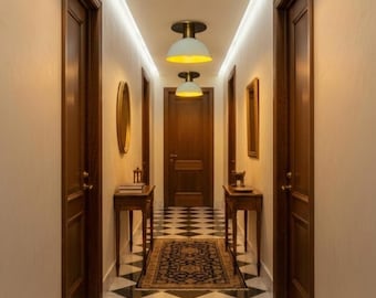 Vintage Brass Flush Mount Ceiling Light | White Dome Light Fixture | Mid Century Modern Ceiling Lamp | Farmhouse Hallway Kitchen Light