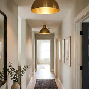 Modern Brass Flush Mount Ceiling Light | Mid Century Dome Ceiling Lamp | Gold Kitchen Light Fixture | Minimalist Hallway Entryway Lighting