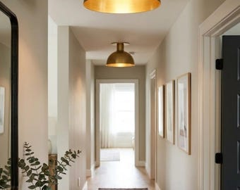 Modern Brass Flush Mount Ceiling Light | Mid Century Dome Ceiling Lamp | Gold Kitchen Light Fixture | Minimalist Hallway Entryway Lighting