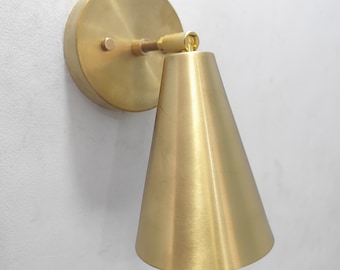 Modern Brass Wall Sconce, Adjustable Round Wall Light, Minimalist Cone Shade Lamp, Mid Century Wall Fixture, Bedside Reading Light