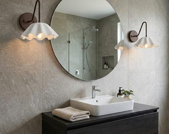 Floral Wall Sconce – Modern Flower Wall Light, Wavy Shade, Vintage Inspired Bedroom & Hallway Lighting, Black Arm Cream Shade Fixture