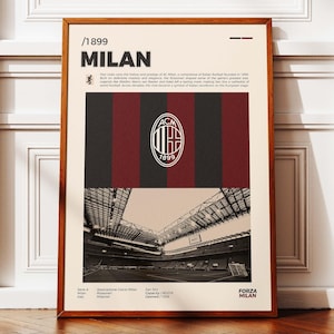 Könnte beinhalten: Gerahmtes Poster mit dem AC Milan Teamlogo und Trikotdesign mit schwarzen und roten Streifen. Das Poster enthält den Text "MILAN" und ein Schwarz-Weiß-Bild eines Stadions.