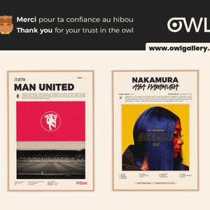 May include: Two framed posters. The left poster features a red background with the text "MAN UNITED" and a white emblem. The right poster displays a woman with blue hair and the text "NAKAMURA AYA NAKAMURA". The website www.owlgallery.shop is visible.