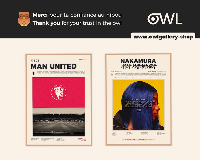 May include: Two framed posters. The left poster features a red background with the text "MAN UNITED" and a white emblem. The right poster displays a woman with blue hair and the text "NAKAMURA AYA NAKAMURA". The website www.owlgallery.shop is visible.