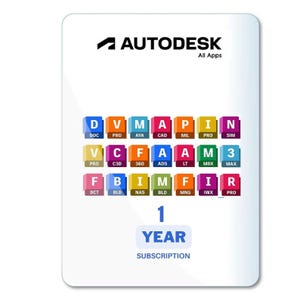 May include: A white card with the Autodesk logo and the words "All Apps." It features a grid of colorful squares with software abbreviations. The card also displays "1 YEAR SUBSCRIPTION."
