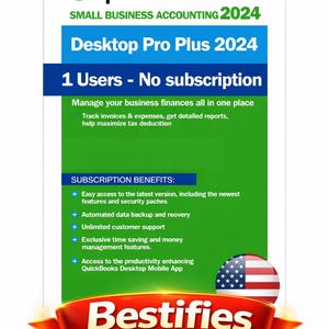 Pode incluir: Gráfico promocional para QuickBooks Desktop Pro Plus 2024. O design apresenta o logotipo do QuickBooks, o nome do produto e os principais recursos. A imagem inclui uma fita vermelha com a palavra "Bestifies" e a bandeira americana.