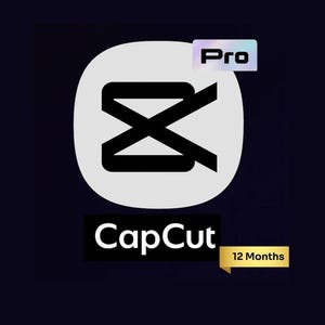 Pode incluir: Gráfico digital com o logotipo CapCut, um oval branco com um design em forma de X preto. A palavra "CapCut" está abaixo do logotipo, com "Pro" acima e "12 Months" em uma faixa dourada.