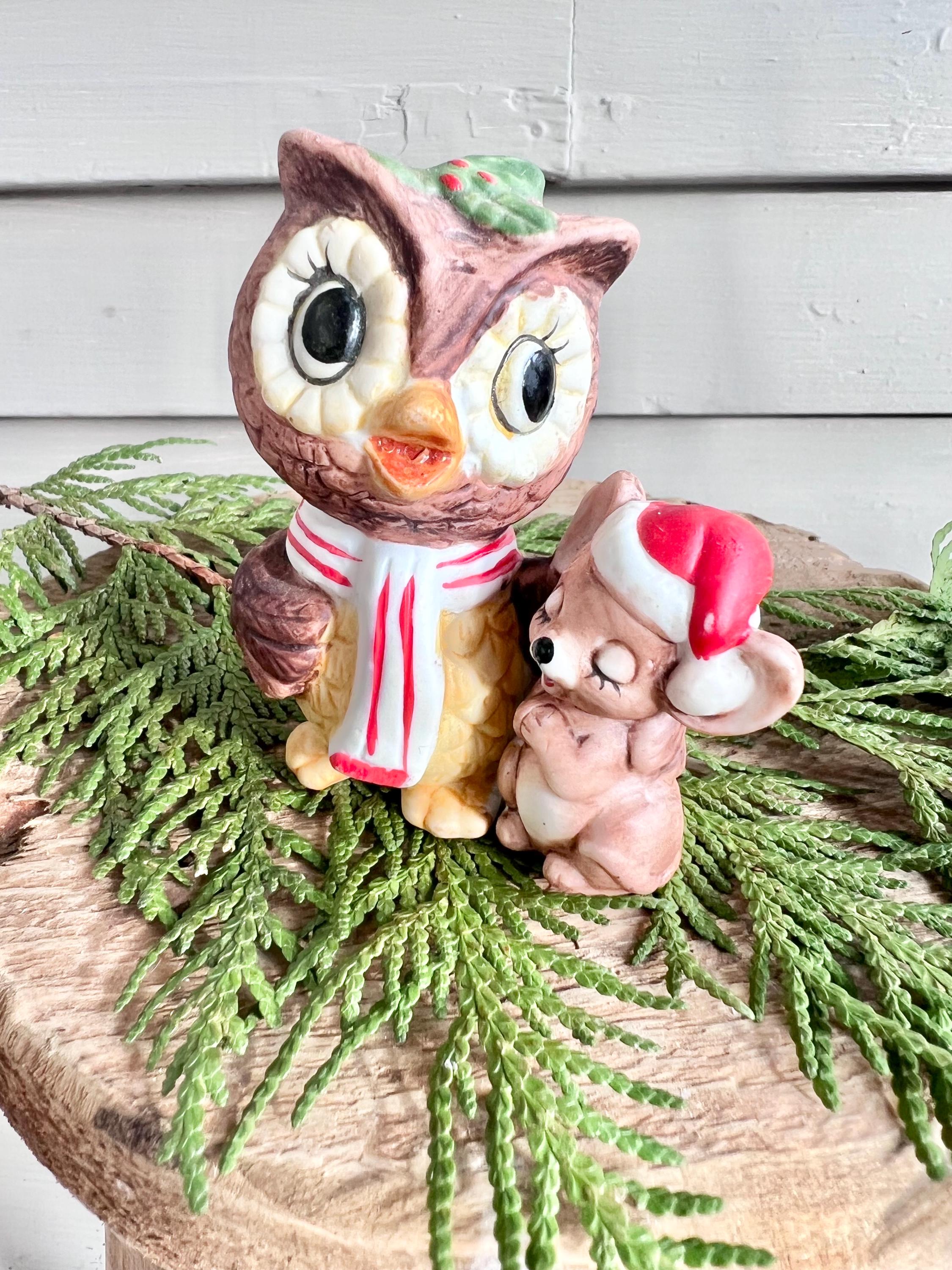 Retro Lefton Christmas Owl with Mouse Friend