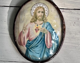 1920’s Bleeding Sacred Heart of Jesus Lithograph Convex Glass