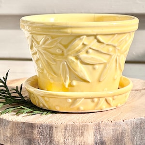 Pode incluir: Um vaso de flores de cerâmica amarela com um pires a condizer. O vaso apresenta um design em relevo de folhas e pontos. O vaso está sobre uma superfície de madeira.