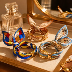 Könnte beinhalten: Drei Seidenschal-Armbänder mit goldfarbenen Metallringen. Die Schals weisen farbenfrohe Muster auf, darunter geometrische Formen und florale Designs. Ein Parfümflakon und ein Spiegel befinden sich im Hintergrund, was auf einen Schminktisch oder eine Schmuckauslage hindeutet.