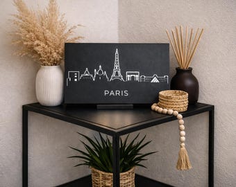 Paris Skyline Metallschild  – moderne Wanddeko mit hinterlegtem Spiegel und Geschenkkarton, (30cm x 20cm)