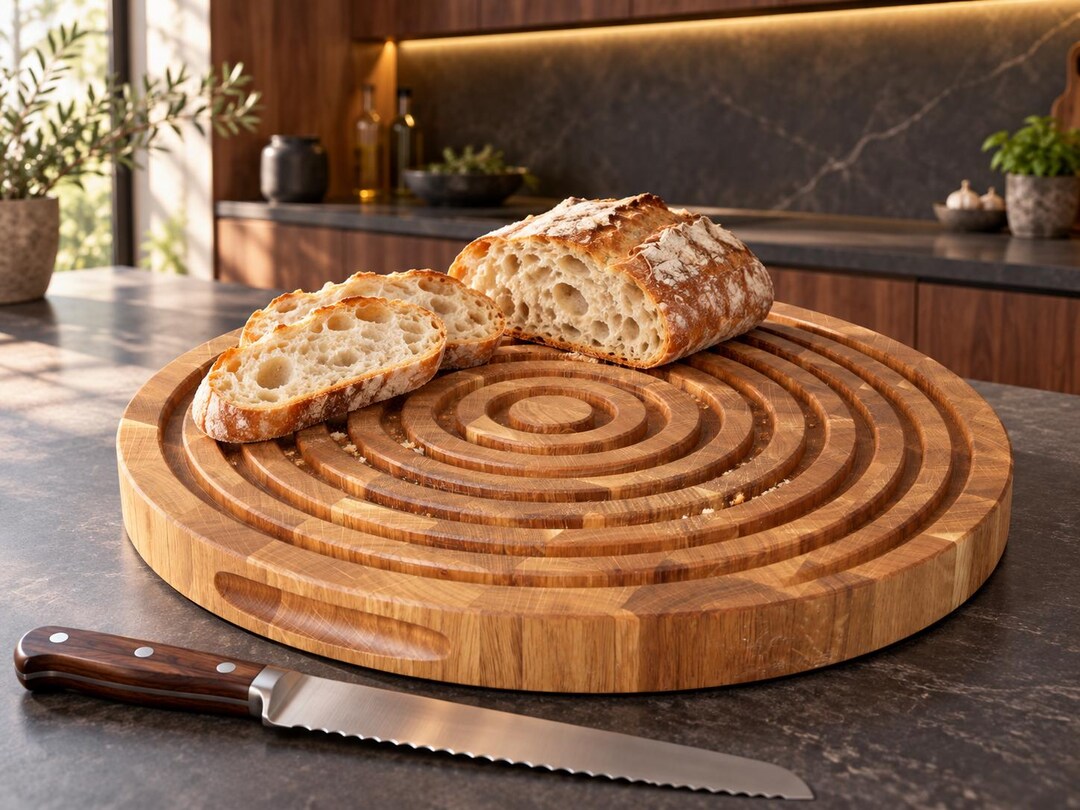 Round Raisin Bread Round Oak End Grain Bread Cutting Board, Crumb Grooves and Reversible ...