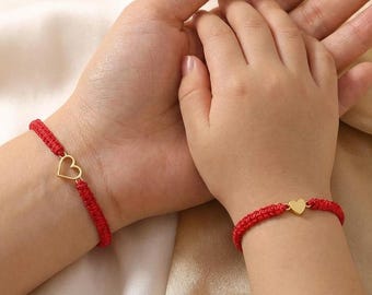 Matchande armbandsset för mor och dotter | Handgjorda vävda hjärtarmband med snöre | Mors dag-present | Mamma och jag-smycken