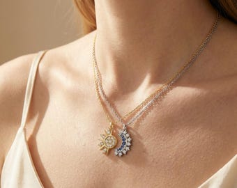Sol och måne magnetiska matchande halsband, present till mor och dotter, smycken för par, himmelskt vänskapshalsband, mors dag