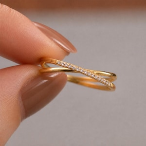 18K guld Criss Cross-ring, Micro Pave CZ X-ring för kvinnor, fransk stil, nätt sammanflätad ring, julklapp till henne