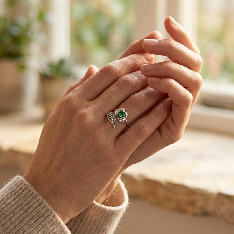 Anpassad graverad födelsestensring för mamma, personlig änglavingering, justerbar ring, ring till nybliven mamma, sentimental mors dag-present bild 6