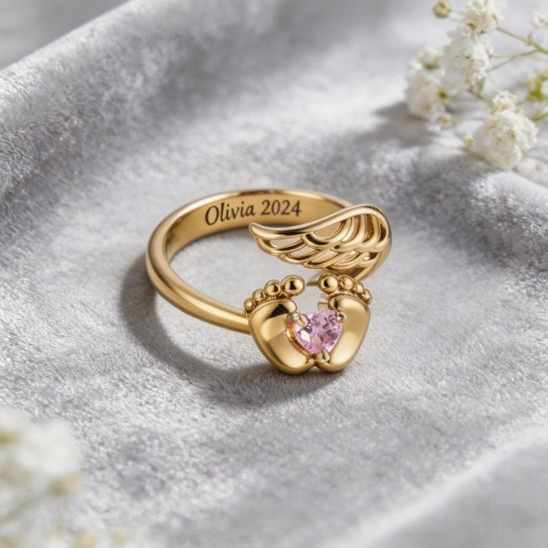 Anpassad graverad födelsestensring för mamma, personlig änglavingering, justerbar ring, ring till nybliven mamma, sentimental mors dag-present bild 4