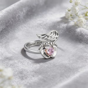 Anpassad graverad födelsestensring för mamma, personlig änglavingering, justerbar ring, ring till nybliven mamma, sentimental mors dag-present bild 5
