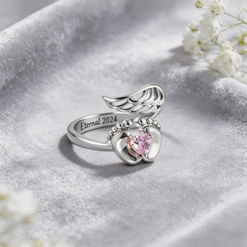 Anpassad graverad födelsestensring för mamma, personlig änglavingering, justerbar ring, ring till nybliven mamma, sentimental mors dag-present bild 5