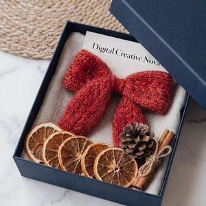 Puede incluir: Una caja de regalo azul marino abierta con un lazo rojo tejido, rodajas de naranja secas, una piña y palitos de canela. La caja contiene una tarjeta que dice "Digital Creative Nova".