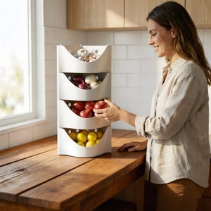 Può includere: Un'unità di stoccaggio bianca a tre livelli piena di prodotti. Il livello superiore contiene aglio, il secondo cipolle rosse e bianche, il terzo mele rosse e il livello inferiore limoni gialli. L'unità è su un piano di lavoro in legno.