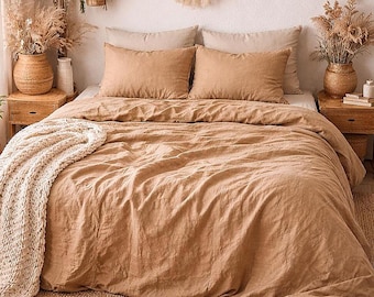 Conjunto de capa de edredom em linho lavado cor caramelo, roupa de cama em linho europeu, quarto aconchegante estilo boho queen/king