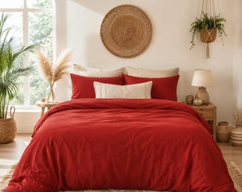 Red Boho Duvet Cover Set, Rustic Cotton Bedding, Luxury Minimalist Bedding Set, Modern Farmhouse Bedroom Decor, Soft Breathable Cover
