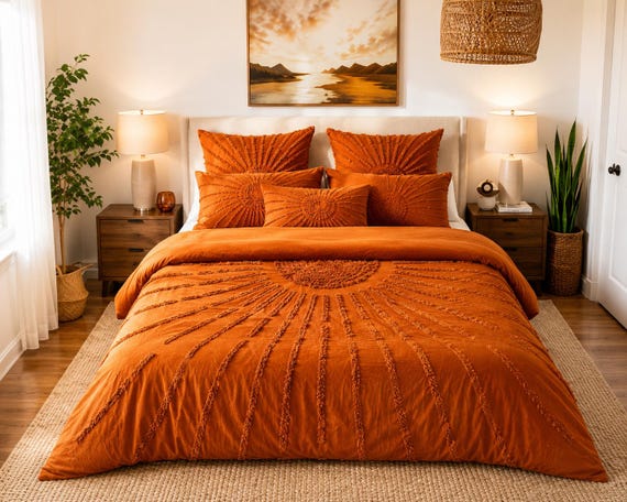 Gebrannte Orange Tufted Sun Bettbezug-Set, Boho Terrakotta Bettwäsche, Luxus Baumwoll Trösterbezug, Himmlische Sonne Schlafzimmer Dekor