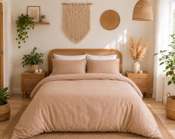 Beige Boho Bettwäsche Set, Neutral Bettwäsche Set, Minimalist Schlafzimmer Dekor, weiche Luxusbettwäsche, Bauernhaus Baumwolle Bettbezug,