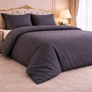 チャコールグレーのリネン掛け布団カバーセット、ソフトウォッシュ加工のヨーロピアンリネン寝具（3点セット）
