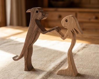 Handmade Wooden Dancing Dog and Human Sculpture Two-Tone Natural Wood Art Dog Lover Gift Minimalist Boho Home Decor Desk Ornament