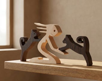 Handmade Wooden Cat and Rabbit Figurine Set Minimalist Animal Sculpture Boho Home Decor Cat Lover Gift Aesthetic Wood Art Shelf Decor