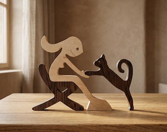 Handmade Wood Cat Lover Gift Figurine Girl and Cat Sculpture Minimalist Home Decor Cat Mom Desk Decor Gift