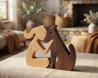 Handmade Wooden Dog and Human Sculpture Minimalist Dog Mom Gift Boho Home Decor Desk Ornament Natural Wood Art Dog Lover Gift